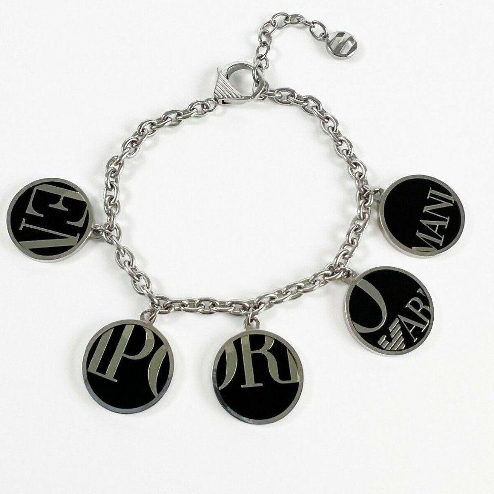 Emporio Armani Silver Tone and Black Logo Charm Adjustable Chain Bracelet